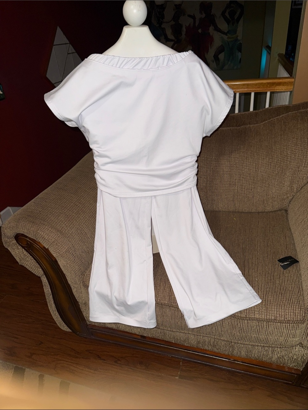 White 2pc outfit wide leg rubber waist